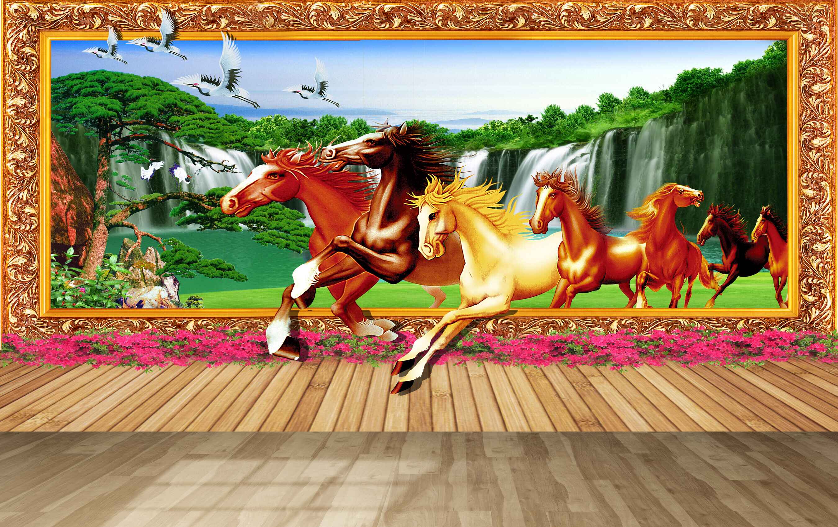 Avikalp MWZ3777 Seven 7 Horses Racing Trees Pink Flowers Waterfalls HD Wallpaper Avikalp MWZ3777 Seven 7 Horses Racing Trees Pink Flowers Waterfalls HD Wallpaper