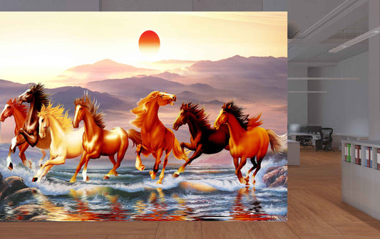 Avikalp MWZ3781 Seven 7 Horses Racing Sun Mountains Water HD Wallpaper