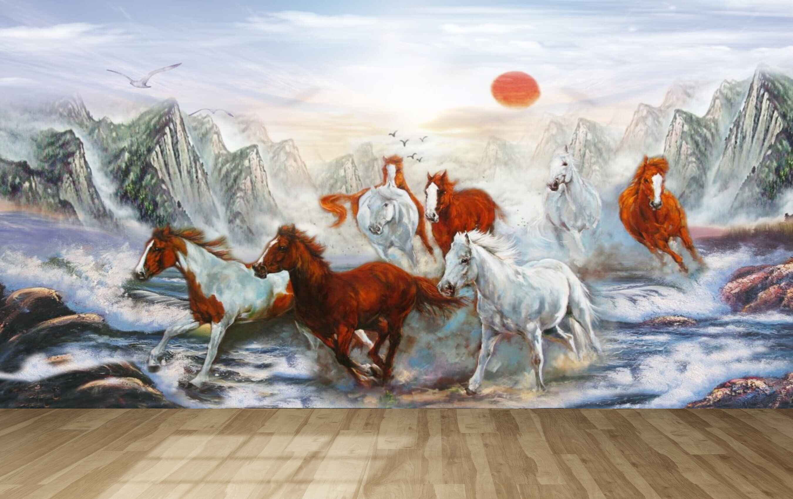 Avikalp MWZ3787 White Brown Seven 7 Horses Mountains Sun Birds HD Wallpaper Avikalp MWZ3787 White Brown Seven 7 Horses Mountains Sun Birds HD Wallpaper