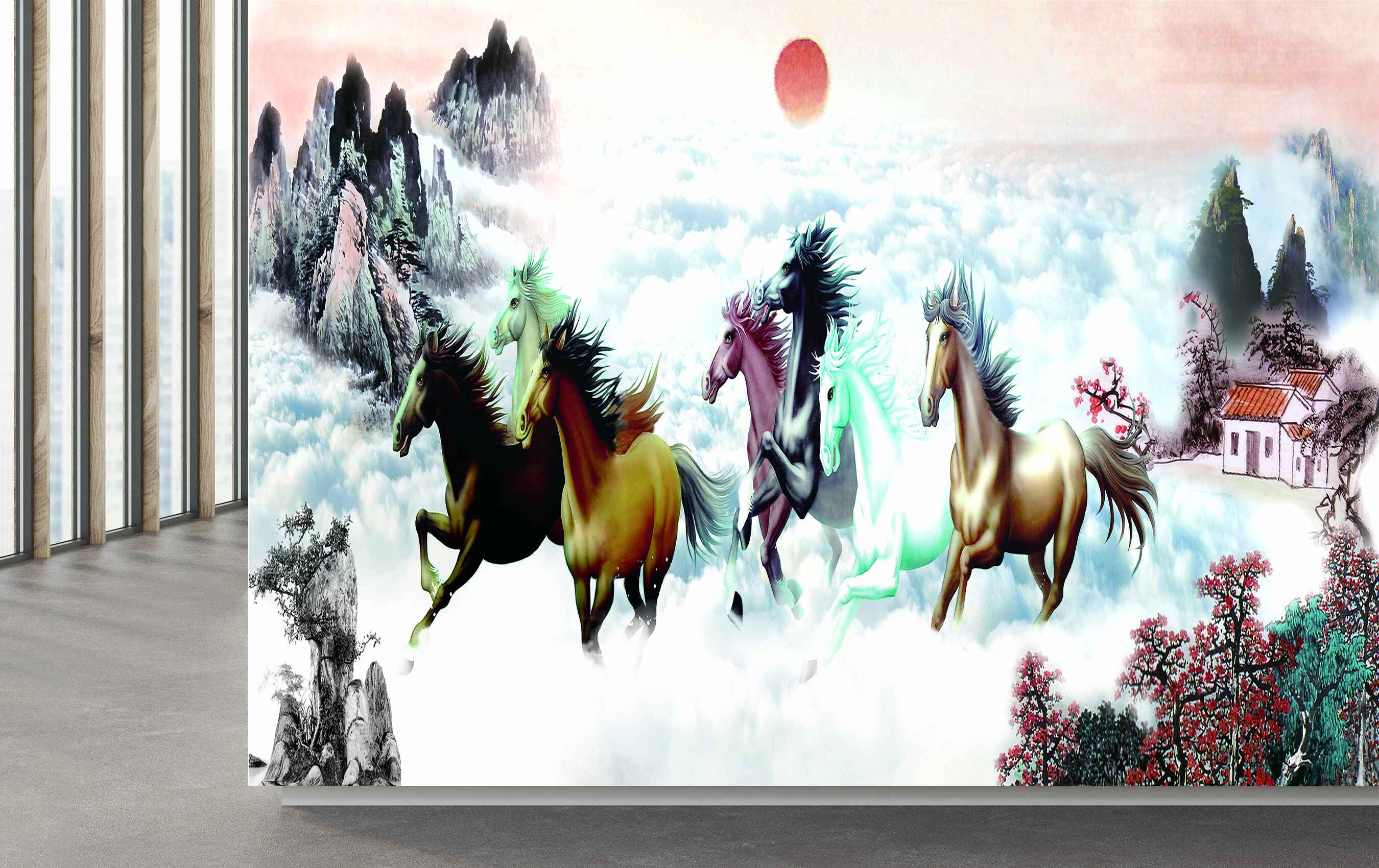 Avikalp MWZ3788 Seven 7 Horses Racing Sun Mountains Trees Houses Clouds HD Wallpaper Avikalp MWZ3788 Seven 7 Horses Racing Sun Mountains Trees Houses Clouds HD Wallpaper