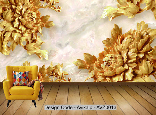 Avikalp Exclusive AVZ0013 Chinese Style 3D Marble Peony Flower Tv Background Wall HD 3D Wallpaper