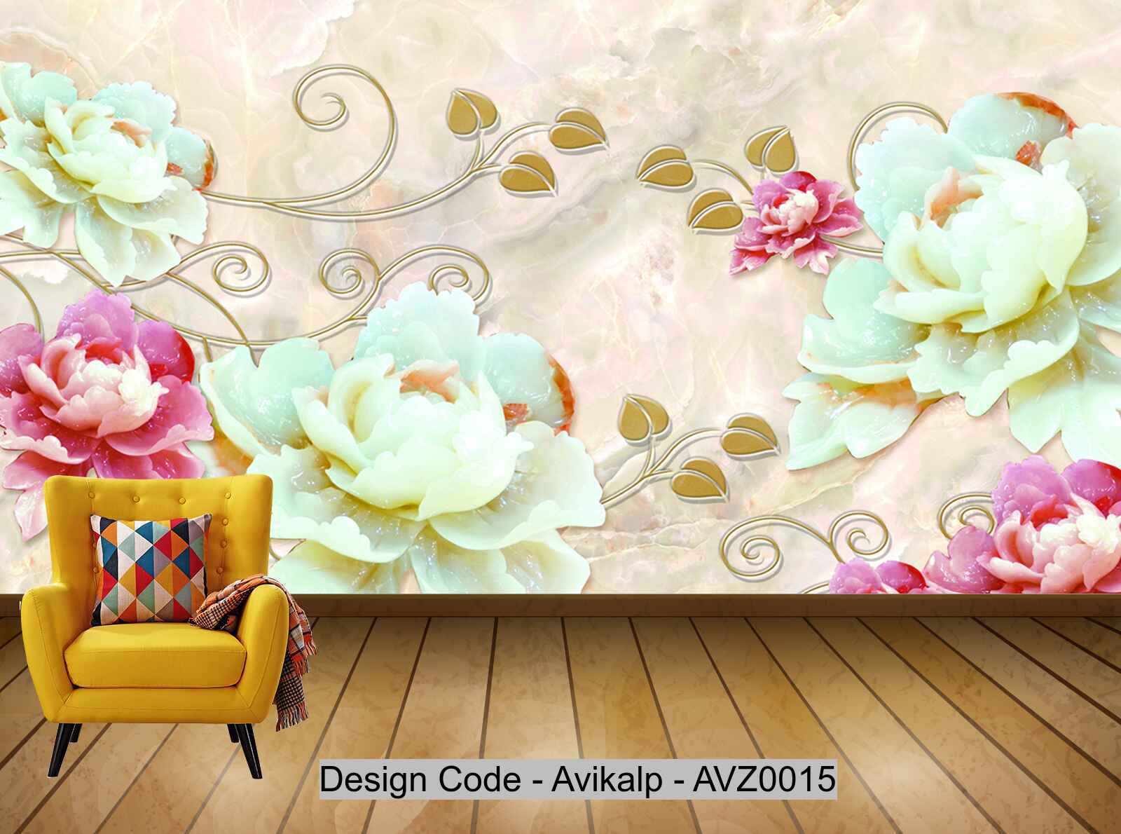 Avikalp Exclusive AVZ0015 Chinese 3D Peony Rich Marble Relief Tv Background Wall HD 3D Wallpaper