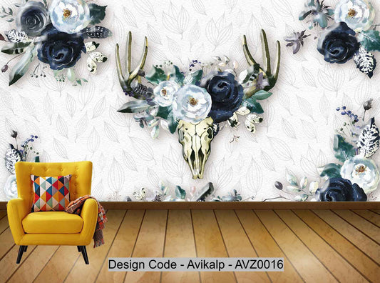 Avikalp Exclusive AVZ0016 Vintage Hand Drawn Deer Head Tv Background Wall HD 3D Wallpaper