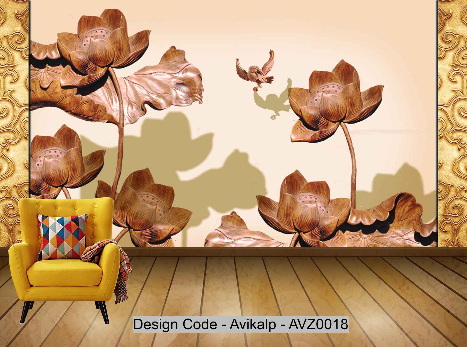Avikalp Exclusive AVZ0018 3D Fine Lotus Wood Carving Wall Background HD 3D Wallpaper