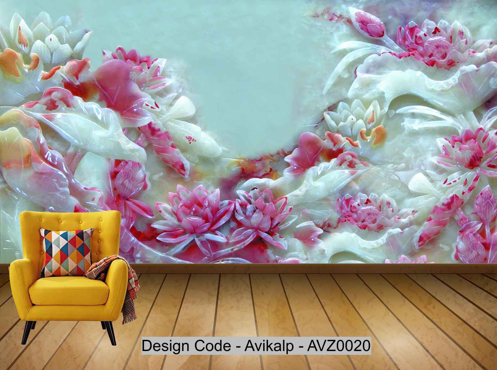 Avikalp Exclusive AVZ0020 Beautiful 3D Pink Lotus Jade Carving Wanfu Background Wall HD 3D Wallpaper