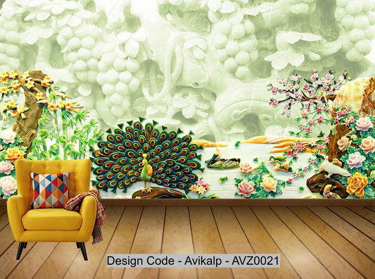 Avikalp Exclusive AVZ0021 3D Peacock Opening Jade Carving Wall Background HD 3D Wallpaper
