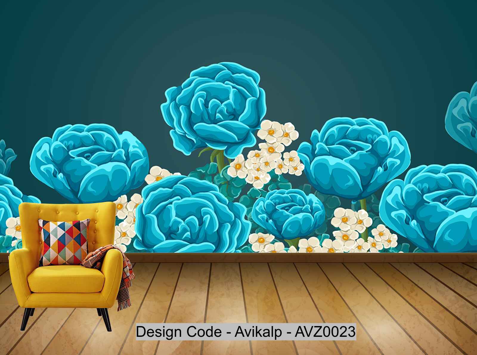 Avikalp Exclusive AVZ0023 Modern Minimalist Hand Painted Blue Peony Flower Tv Background Wall HD 3D Wallpaper