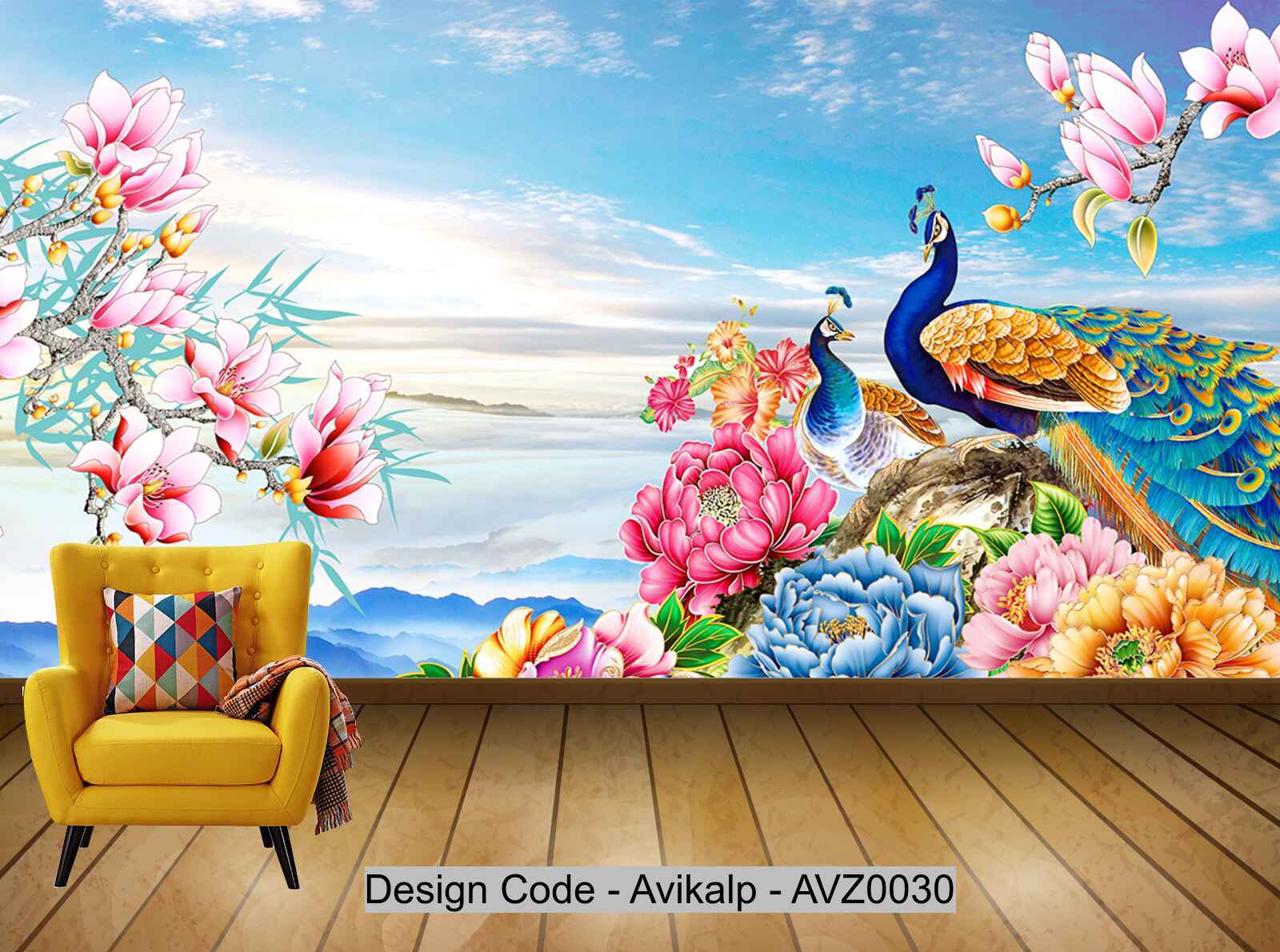 Avikalp Exclusive AVZ0030 Bloom Rich Peacock Peony Flower Chinese Round Wall HD 3D Wallpaper