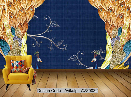 Avikalp Exclusive AVZ0032 Fengqi Treasure Flying Blue Peacock Entrance Wall HD 3D Wallpaper