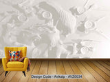 Avikalp Exclusive AVZ0034 3D Embossed Flower Bird Plaster Carved Tv Background Wall HD 3D Wallpaper