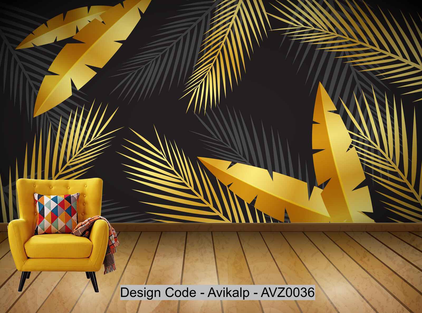 Avikalp Exclusive AVZ0036 Modern Style Black Gold Leaves Feathers Tv Background Wall HD 3D Wallpaper