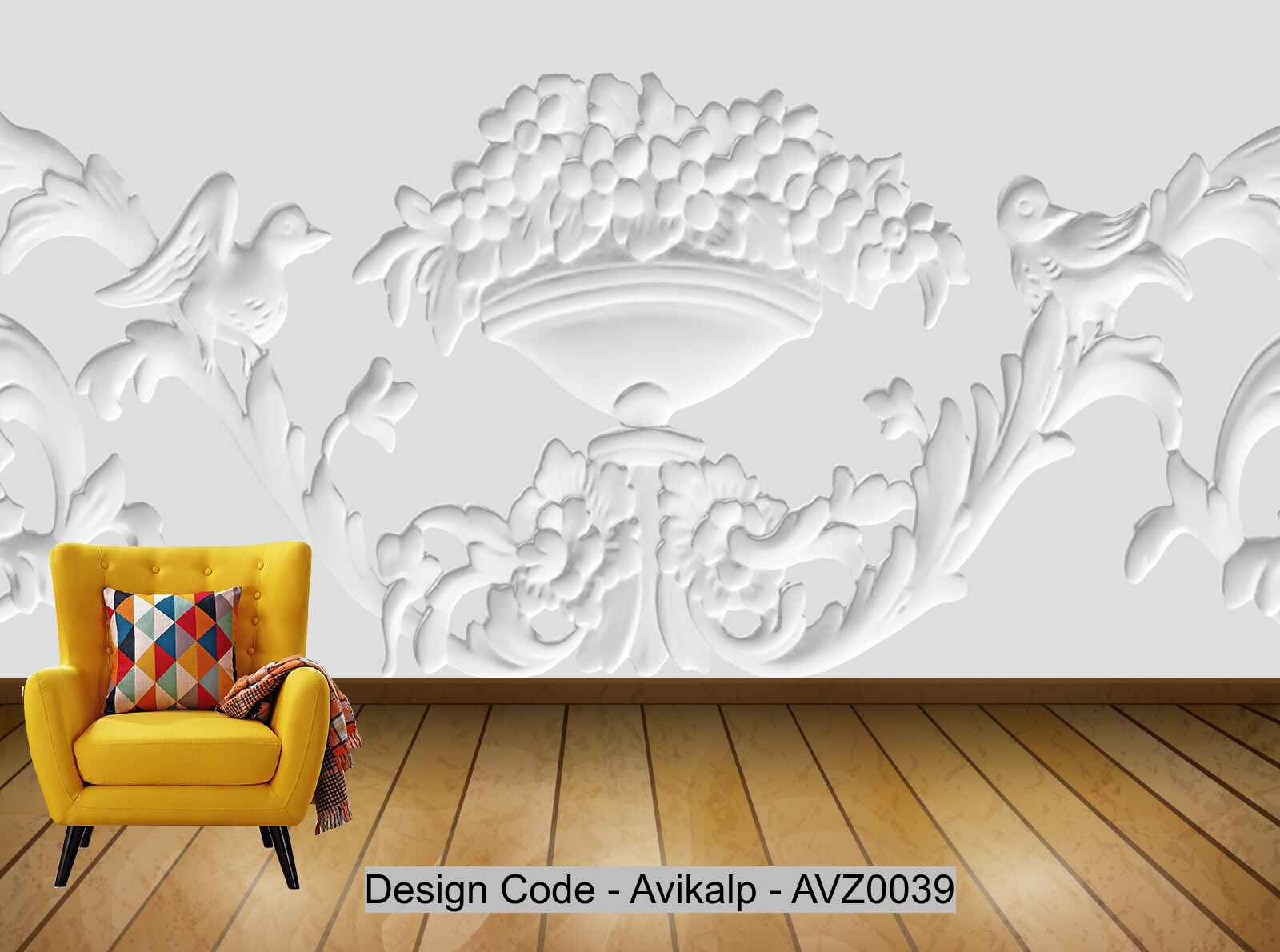 Avikalp Exclusive AVZ0039 Modern Minimalist 3D Embossed Flower Bird Plaster Carved Tv Background Wall HD 3D Wallpaper