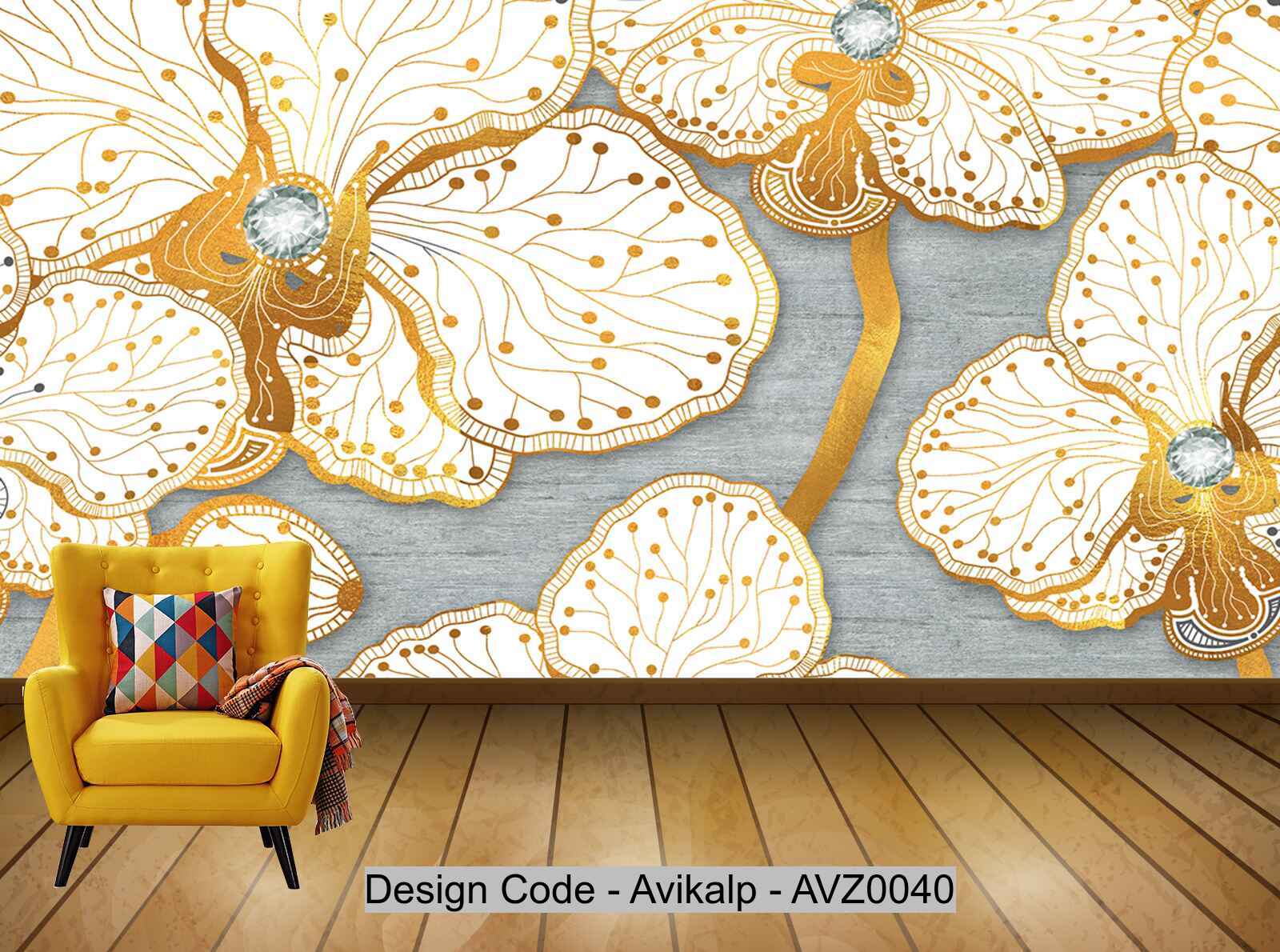Avikalp Exclusive AVZ0040 Modern Minimalist Stone Pattern Golden Flowers Tv Background Wall HD 3D Wallpaper