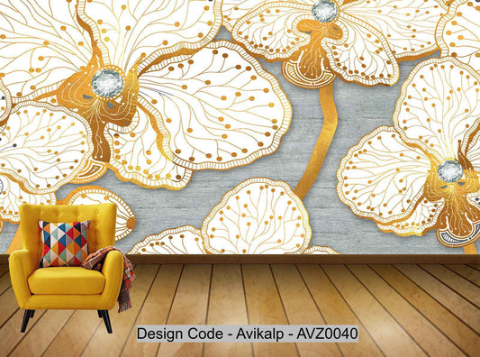 Avikalp Exclusive AVZ0040 Modern Minimalist Stone Pattern Golden Flowers Tv Background Wall HD 3D Wallpaper