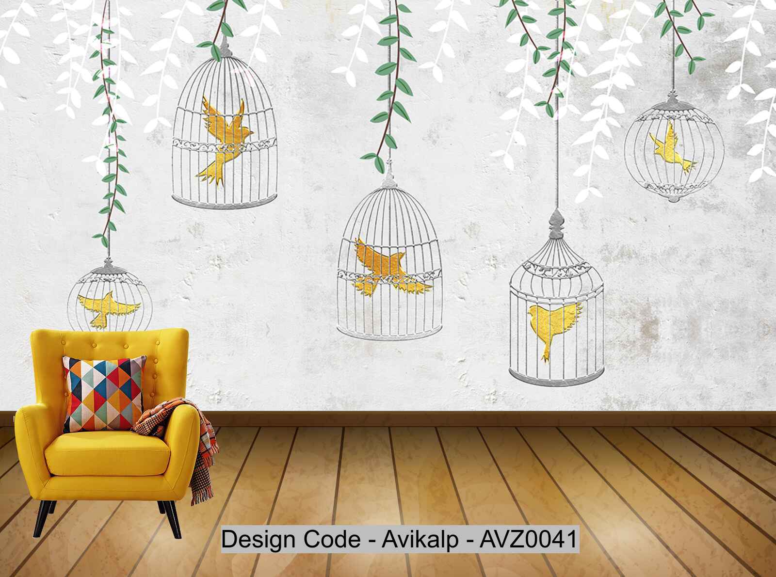 Avikalp Exclusive AVZ0041 Modern Minimalistic Texture Bird Cage Flying Bird Tv Background Wall HD 3D Wallpaper