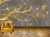 Avikalp Exclusive AVZ0042 Modern Minimalist Textured Golden Twig Flying Bird Tv Background Wall HD 3D Wallpaper