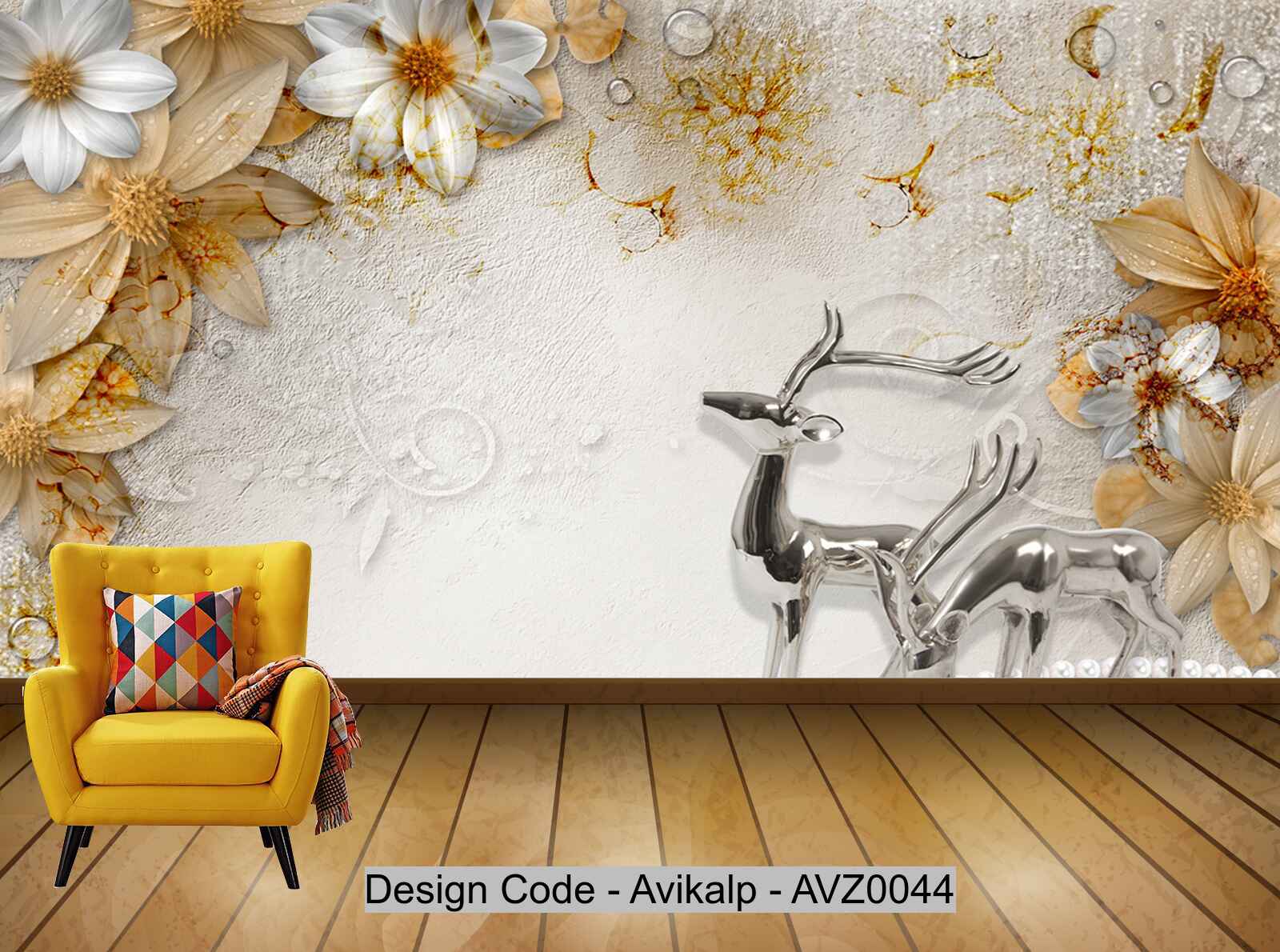 Avikalp Exclusive AVZ0044 3D Beautiful Three Dimensional Flower Silver Elk Pearl Background Wall HD 3D Wallpaper