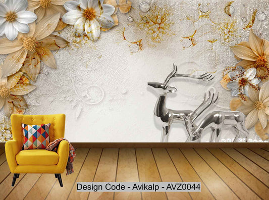 Avikalp Exclusive AVZ0044 3D Beautiful Three Dimensional Flower Silver Elk Pearl Background Wall HD 3D Wallpaper