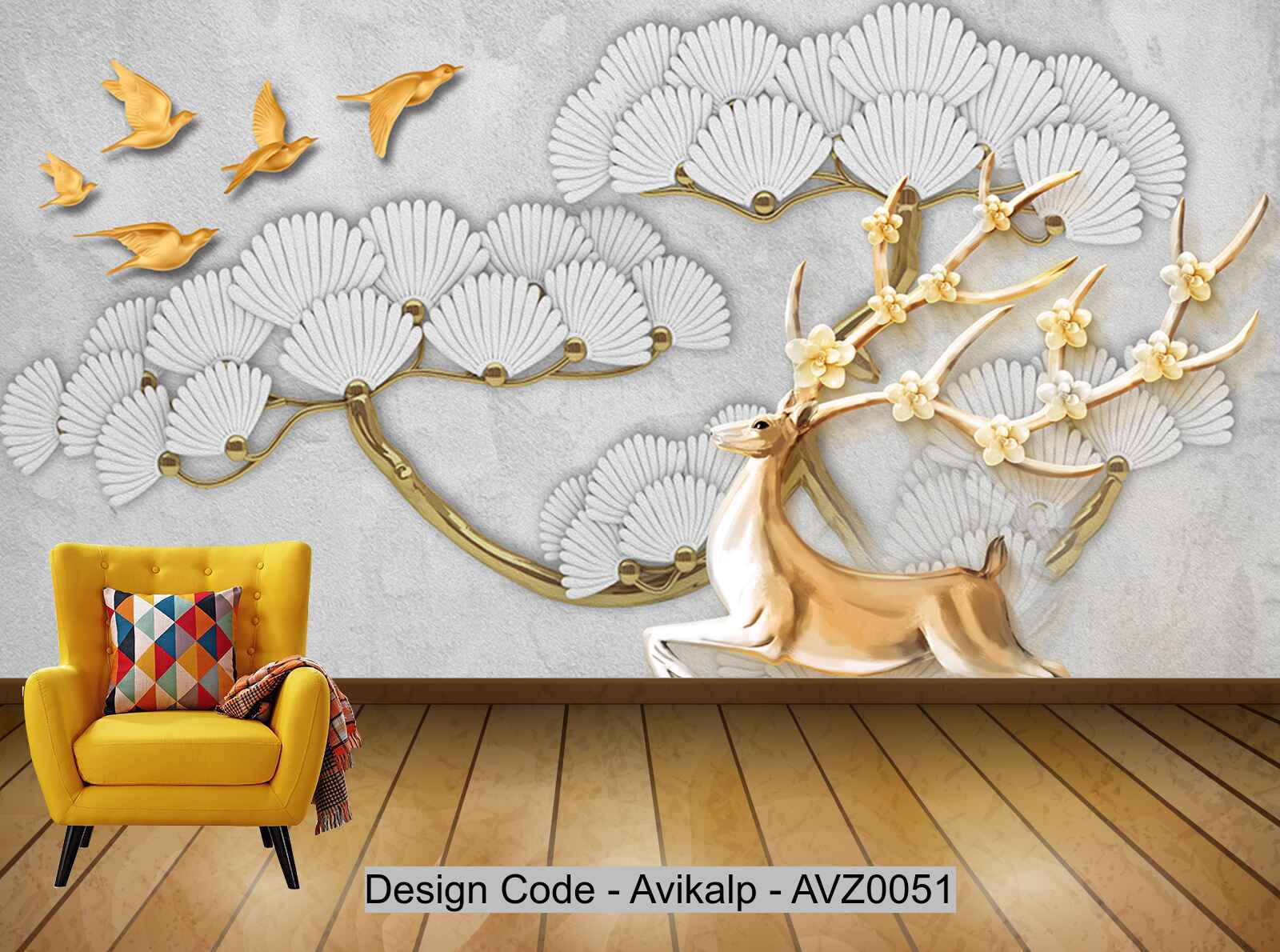 Avikalp Exclusive AVZ0051 Modern Beautiful Embossed Flowers 3D Flying Bird Sika Deer Tv Background Wall HD 3D Wallpaper