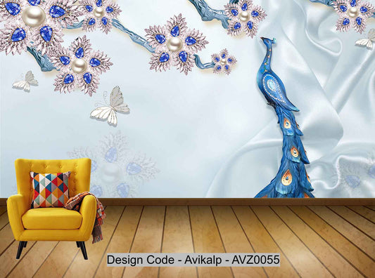 Avikalp Exclusive AVZ0055 Luxury Satin Peacock Set With Jewels Floral Wall HD 3D Wallpaper