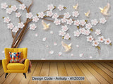 Avikalp Exclusive AVZ0059 Modern Beautiful Embossed White Flowers Flying Bird Tv Background Wall HD 3D Wallpaper