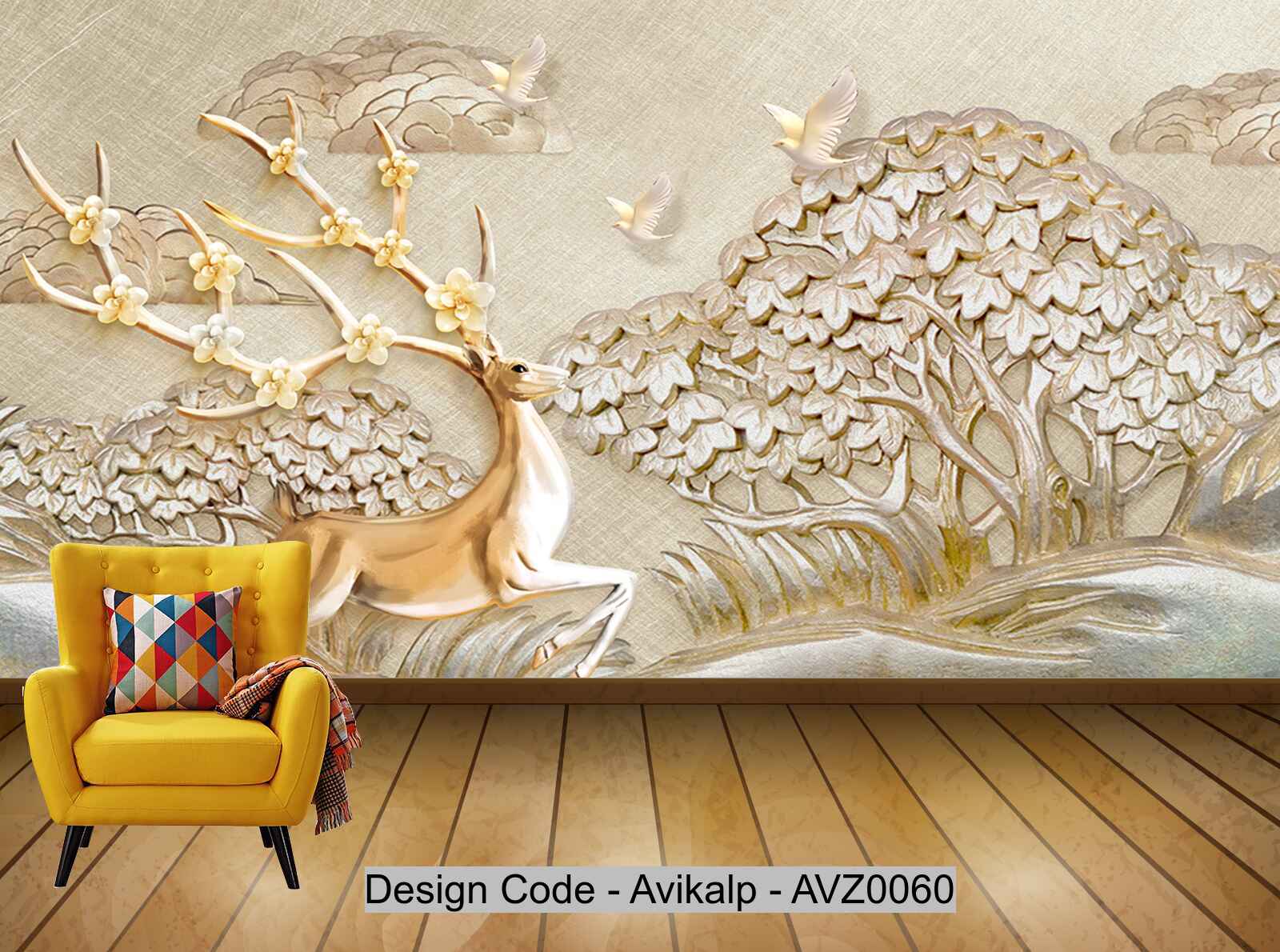 Avikalp Exclusive AVZ0060 Modern 3D Embossed Tree Bird Golden Deer Tv Background Wall HD 3D Wallpaper