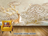 Avikalp Exclusive AVZ0060 Modern 3D Embossed Tree Bird Golden Deer Tv Background Wall HD 3D Wallpaper