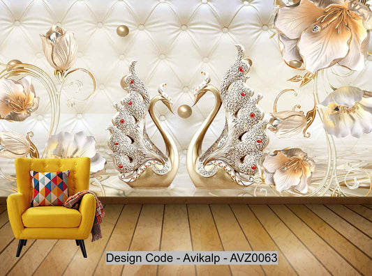 Avikalp Exclusive AVZ0063 3D Tulip Flower Wall Swan Diamond Jewels Background Wall Background Wall HD 3D Wallpaper