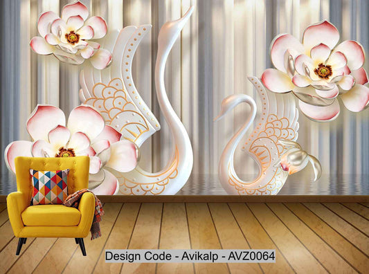 Avikalp Exclusive AVZ0064 Modern Light Luxury 3D Flower Swan Embossed Background Wall HD 3D Wallpaper