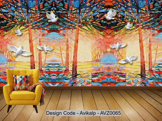 Avikalp Exclusive AVZ0065 Modern Hand Painted Watercolor Oil Painting Forest Flying Bird Tv Background Wall HD 3D Wallpaper