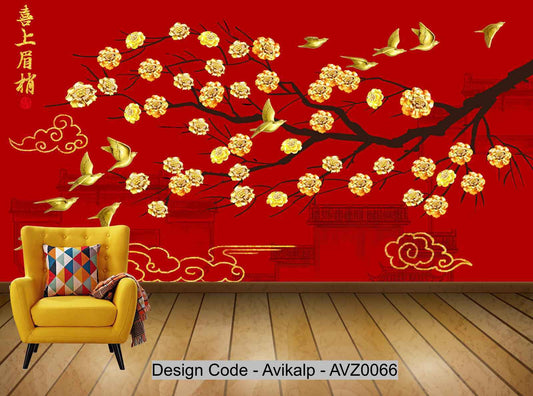 Avikalp Exclusive AVZ0066 New Chinese Festive Golden Flower And Bird Painting Background Wall HD 3D Wallpaper