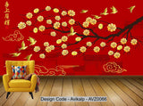 Avikalp Exclusive AVZ0066 New Chinese Festive Golden Flower And Bird Painting Background Wall HD 3D Wallpaper