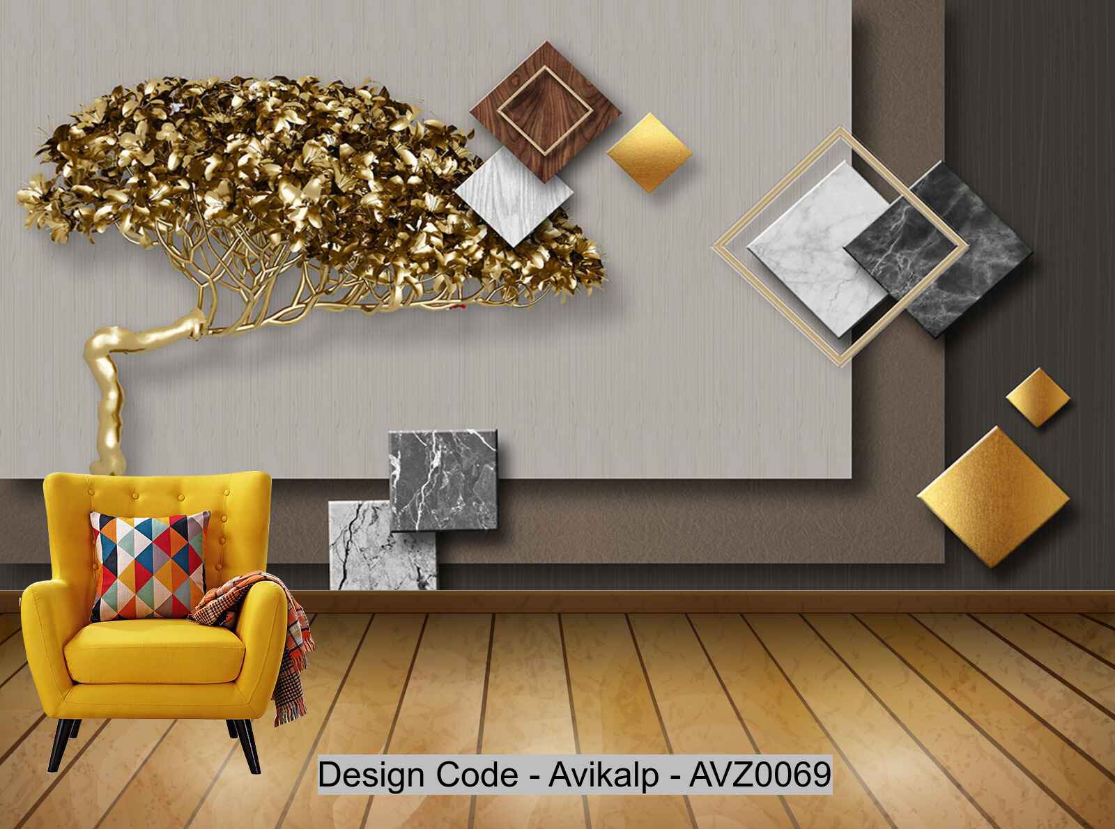 Avikalp Exclusive AVZ0069 Modern Fashion 3D Golden Golden Fortune Tree Gold Foil Geometric Background Wall HD 3D Wallpaper
