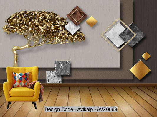 Avikalp Exclusive AVZ0069 Modern Fashion 3D Golden Golden Fortune Tree Gold Foil Geometric Background Wall HD 3D Wallpaper