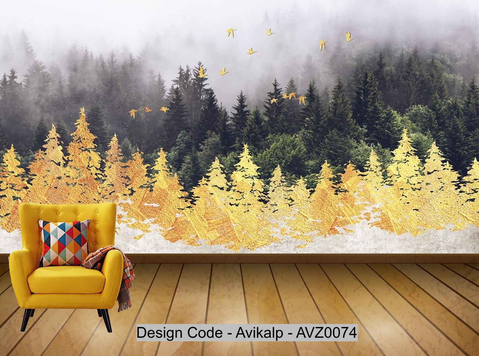Avikalp Exclusive AVZ0074 New Modern Minimalistic Hand Drawn Golden Woods Flying Birds Abstract Background Wall HD 3D Wallpaper