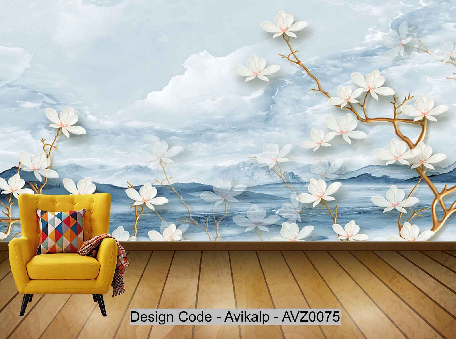 Avikalp Exclusive AVZ0075 Modern Minimalist Blue Fresh Sea Flower Embossed Background Wall HD 3D Wallpaper