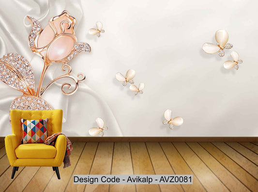 Avikalp Exclusive AVZ0081 3D Three Dimensional Pink Diamond Jewelry Tulips White Silk Background Wall HD 3D Wallpaper