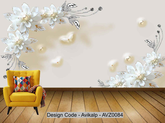 Avikalp Exclusive AVZ0084 3D Elegant Pearl Flower Jewellery Butterfly Background Wall HD 3D Wallpaper