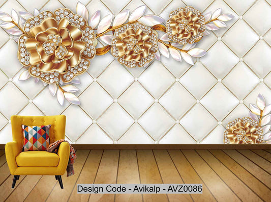 Avikalp Exclusive AVZ0086 3D Luxury Golden Diamond Jewelry Twig Mosaic Leaves Background Wall HD 3D Wallpaper