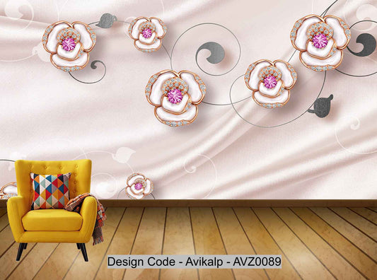 Avikalp Exclusive AVZ0089 Small Fresh Pink Jewelry Flowers Simple Stylish Background Wall HD 3D Wallpaper