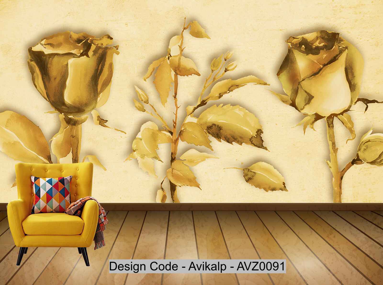 Avikalp Exclusive AVZ0091 3D Golden Luxury Flower Tv Background Wall HD 3D Wallpaper