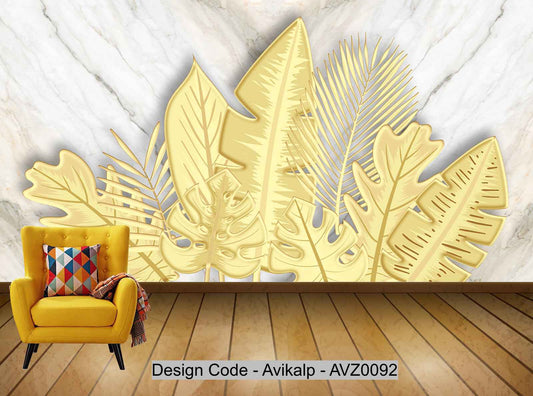 Avikalp Exclusive AVZ0092 Golden Embossed Banana Leaf Marble Wall 3D Stereo Tv Background Wall HD 3D Wallpaper