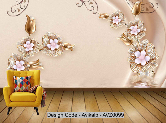 Avikalp Exclusive AVZ0099 3D Elegant Jewelry Flower Diamond Satin Background Wall HD 3D Wallpaper