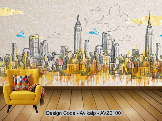 Avikalp Exclusive AVZ0100 Modern Minimalist Hand Painted Textured Golden City Tv Background Wall HD 3D Wallpaper