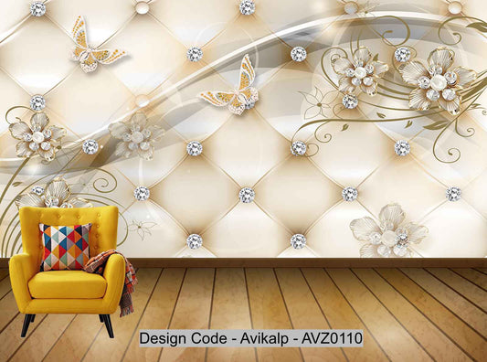 Avikalp Exclusive AVZ0110 Fantasy Crystal Diamond Jewelry Flower Butterfly Wall HD 3D Wallpaper