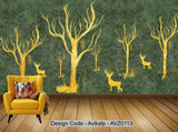 Avikalp Exclusive AVZ0113 Modern Minimalistic Abstract Gold Foil Tree Elk Tv Background Wall HD 3D Wallpaper