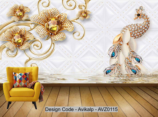 Avikalp Exclusive AVZ0115 3D Diamond Jewel Peacock Background Wall HD 3D Wallpaper