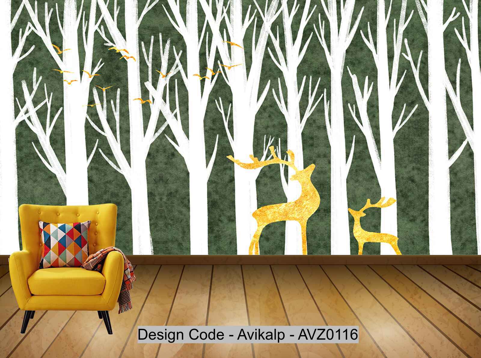 Avikalp Exclusive AVZ0116 Modern Minimalist Golden Abstract Tree Elk Tv Background Wall Custom HD 3D Wallpaper