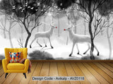 Avikalp Exclusive AVZ0118 Nordic Hand Painted Ink Abstract Elk Forest Background Wall HD 3D Wallpaper