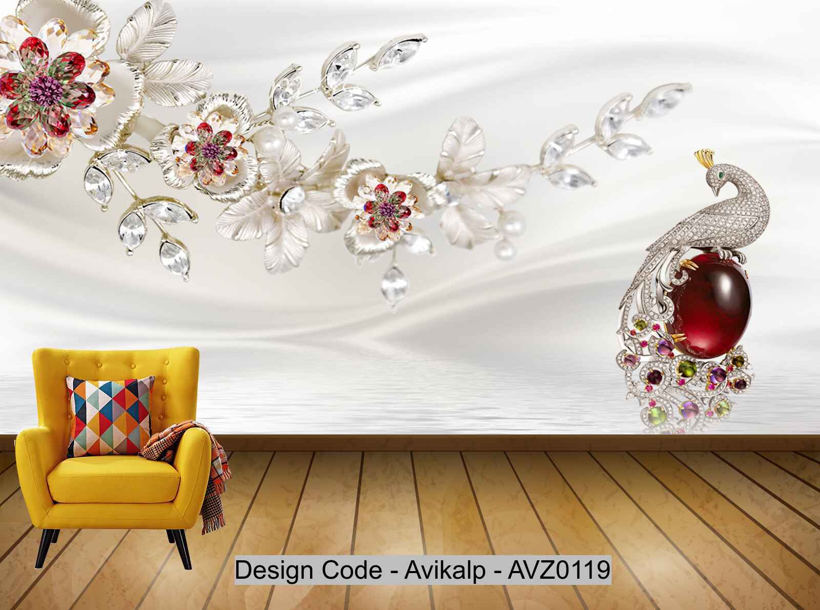 Avikalp Exclusive AVZ0119 3D Red Gems Peacock Jewels Flowers Background Wall HD 3D Wallpaper